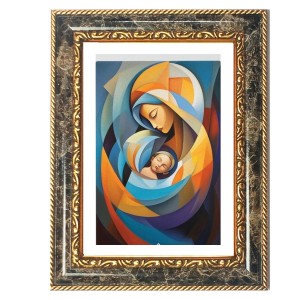 Cubist-style Depiction Of The Madonna And Child (the Virgin Mary Holding The Infant Jesus) Decorative Photo Frame With White Mount | Premium Wall & Tabletop Picture Frame | Home, Office & Temple Decor