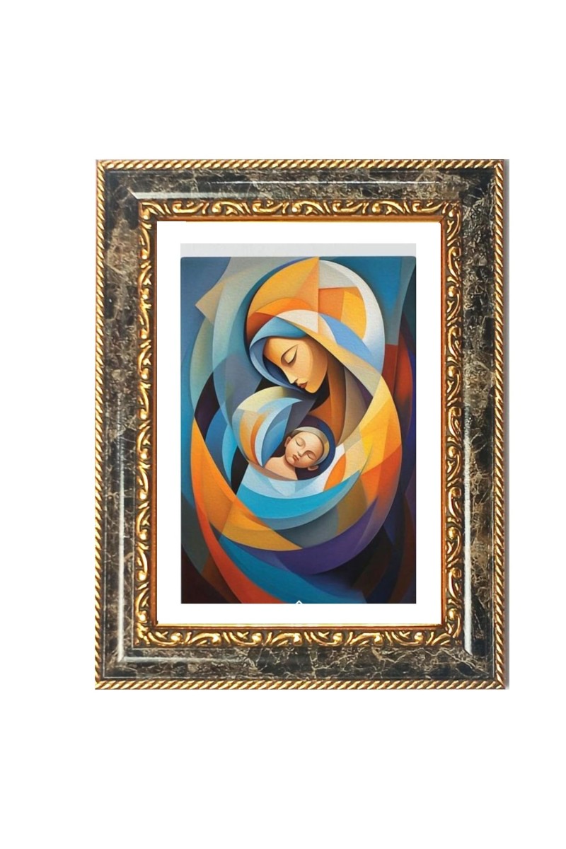 Cubist-style Depiction Of The Madonna And Child (the Virgin Mary Holding The Infant Jesus) Decorative Photo Frame With White Mount | Premium Wall & Tabletop Picture Frame | Home, Office & Temple Decor