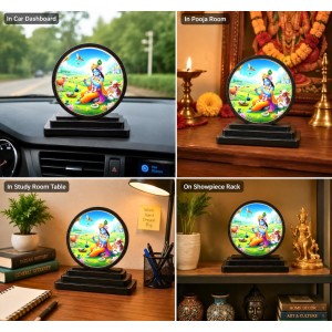 Car Dashboard Wooden Lord Krishna Showpiece | 4 X 4.5 Inch Sublimation Printed Decorative Stand | 4 Mm MDF | Home Decor | Made in India (F33396)