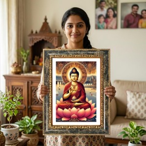 Buddha Decorative Photo Frame With White Mount | Premium Wall & Tabletop Picture Frame | Home, Office & Temple Decoration | 10x14 Inch (Pack Of 1) (F32691)