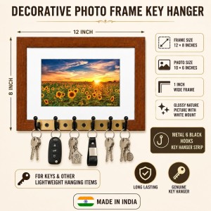 Decorative Wooden Photo Frame Key Hanger With Nature Picture, 12 X 8 Inch Wall Key Holder, 10 X 6 Inch Glossy Photo Frame, 6 Metal Hooks, Home Entrance Decor, Made In India (F38812) Decorative Wooden Photo Frame Key Hanger With Nature Picture, 12 X 8 Inch Wall Key Holder, 10 X 6 Inch Glossy Photo Frame, 6 Metal Hooks, Home Entrance Decor, Made In India (F38812)