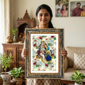 Krishna And Radhaa Decorative Photo Frame With White Mount | Premium Wall & Tabletop Picture Frame | Home, Office & Temple Decoration | 8x12 Inch (Pack Of 1) (F32503)