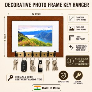 Decorative Wooden Photo Frame Key Hanger With Nature Picture, 12 X 8 Inch Wall Key Holder, 10 X 6 Inch Glossy Photo Frame, 6 Metal Hooks, Home Entrance Decor, Made In India (F38692)