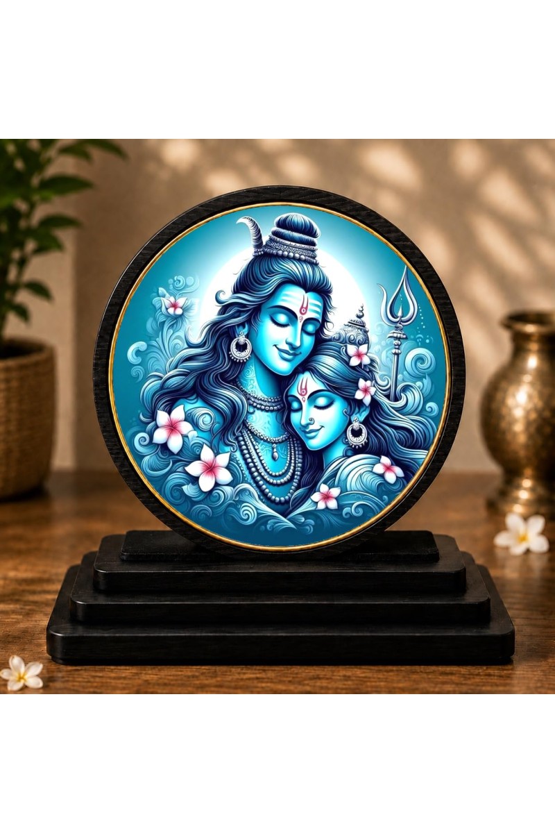 Car Dashboard Wooden Lord Shiva and Parvati Showpiece | 4 X 4.5 Inch Sublimation Printed Decorative Stand | 4 Mm MDF | Home Decor | Made in India (F33386)