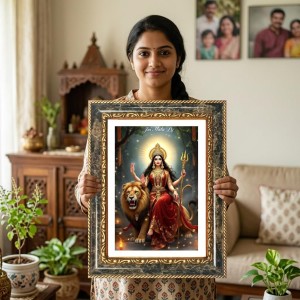 Goddess Durga Decorative Photo Frame With White Mount | Premium Wall & Tabletop Picture Frame | Home, Office & Temple Decoration | 10x14 Inch (Pack Of 1) (F31153)