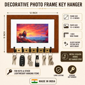 Decorative Wooden Photo Frame Key Hanger With Nature Picture, 12 X 8 Inch Wall Key Holder, 10 X 6 Inch Glossy Photo Frame, 6 Metal Hooks, Home Entrance Decor, Made In India (F38636)