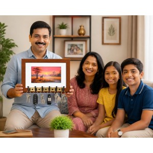 Decorative Wooden Photo Frame Key Hanger With Nature Picture, 12 X 8 Inch Wall Key Holder, 10 X 6 Inch Glossy Photo Frame, 6 Metal Hooks, Home Entrance Decor, Made In India (F38668)