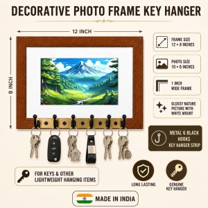 Decorative Wooden Photo Frame Key Hanger With Nature Picture, 12 X 8 Inch Wall Key Holder, 10 X 6 Inch Glossy Photo Frame, 6 Metal Hooks, Home Entrance Decor, Made In India (F38861) Decorative Wooden Photo Frame Key Hanger With Nature Picture, 12 X 8 Inch Wall Key Holder, 10 X 6 Inch Glossy Photo Frame, 6 Metal Hooks, Home Entrance Decor, Made In India (F38861)