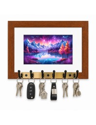 Decorative Wooden Photo Frame Key Hanger With Nature Picture, 12 X 8 Inch Wall Key Holder, 10 X 6 Inch Glossy Photo Frame, 6 Metal Hooks, Home Entrance Decor, Made In India (F38910)