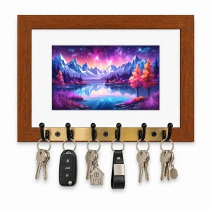 Decorative Wooden Photo Frame Key Hanger With Nature Picture, 12 X 8 Inch Wall Key Holder, 10 X 6 Inch Glossy Photo Frame, 6 Metal Hooks, Home Entrance Decor, Made In India (F38910)