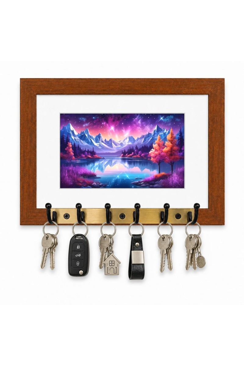 Decorative Wooden Photo Frame Key Hanger With Nature Picture, 12 X 8 Inch Wall Key Holder, 10 X 6 Inch Glossy Photo Frame, 6 Metal Hooks, Home Entrance Decor, Made In India (F38910)