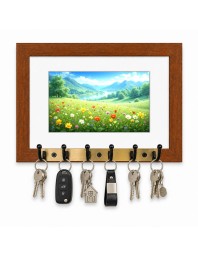 Decorative Wooden Photo Frame Key Hanger With Nature Picture, 12 X 8 Inch Wall Key Holder, 10 X 6 Inch Glossy Photo Frame, 6 Metal Hooks, Home Entrance Decor, Made In India (F38854)