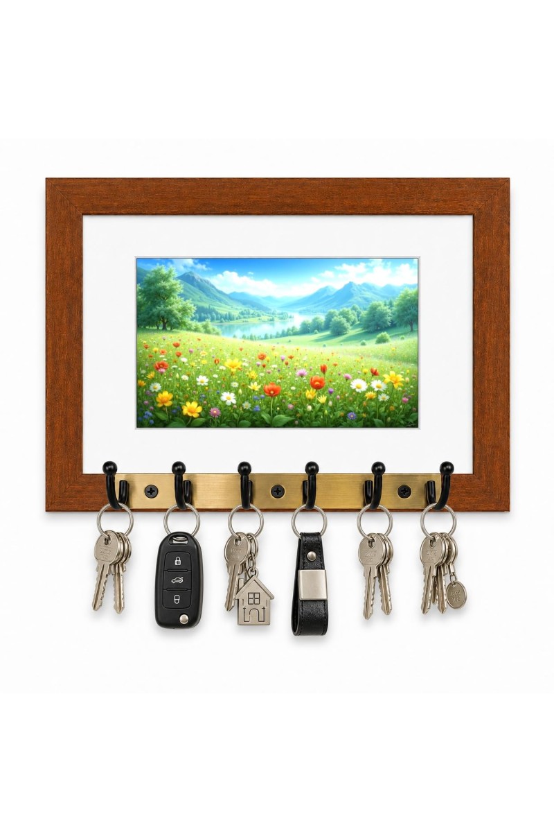 Decorative Wooden Photo Frame Key Hanger With Nature Picture, 12 X 8 Inch Wall Key Holder, 10 X 6 Inch Glossy Photo Frame, 6 Metal Hooks, Home Entrance Decor, Made In India (F38854)