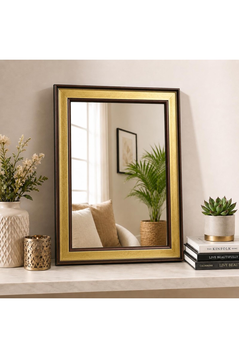 Acrylic Wall Mirror with Gold & Brown Decorative Frame | Wall Mounted Mirror for Entryway, Living Room, Bedroom & Bathroom | Lightweight, Shatter-Resistant, Durable & Clear Reflection