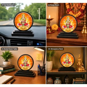 Car Dashboard Wooden Goddess Lakshmi Showpiece | 4 X 4.5 Inch Sublimation Printed Decorative Stand | 4 Mm MDF | Home Decor | Made in India (F33625)