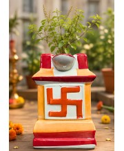 Handcrafted Ceramic Swastik Tulsi Mandir | Traditional Hindu Auspicious Symbol for Home Temple | Decorative Pooja Decor for Diwali, Navratri & Religious | Orange| Packed in a Premium Wooden Box