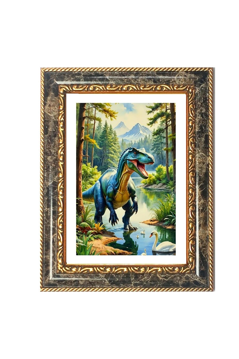 Dinosaur In Jungle Decorative Photo Frame With White Mount | Premium Wall & Tabletop Picture Frame | Home, Office & Temple Decoration | 8x12 Inch (Pack Of 1) (F31389)