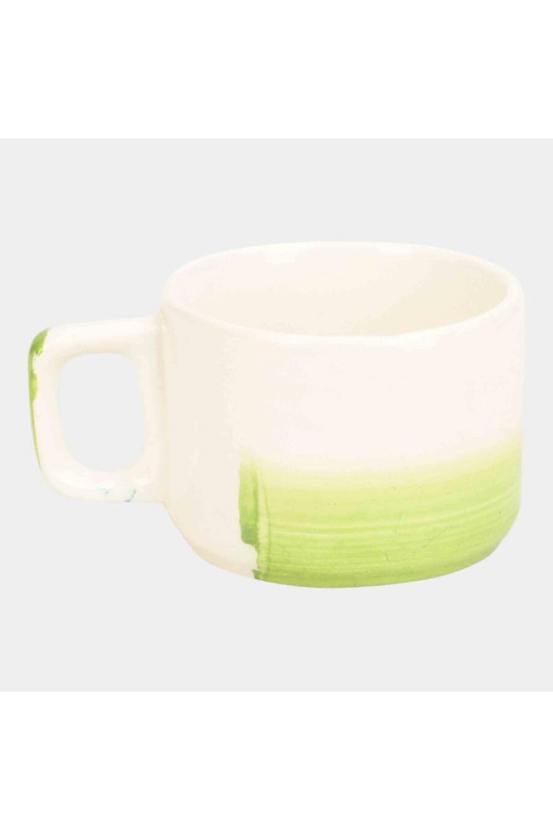 Hitech Sales 100 ml Stoneware Cup White & Green | Microwave Safe Ceramic Cup | Ideal for Daily Use