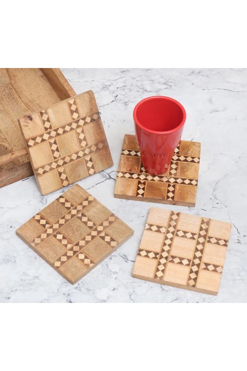 Modern Brown Wooden Tea Coasters – Set of 4 | Stylish Tabletop Drink Mats for Cups, Mugs & Glasses | Handcrafted Wooden Coaster Set for Home & Office Décor