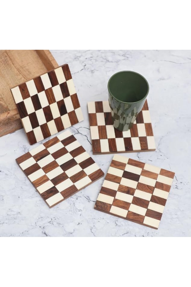 White and Brown Handcrafted Wooden Coasters – Set of 4 | Elegant Drink Mats for Tea, Coffee & Beverages | Rustic Tabletop Coaster Set for Home & Office Décor