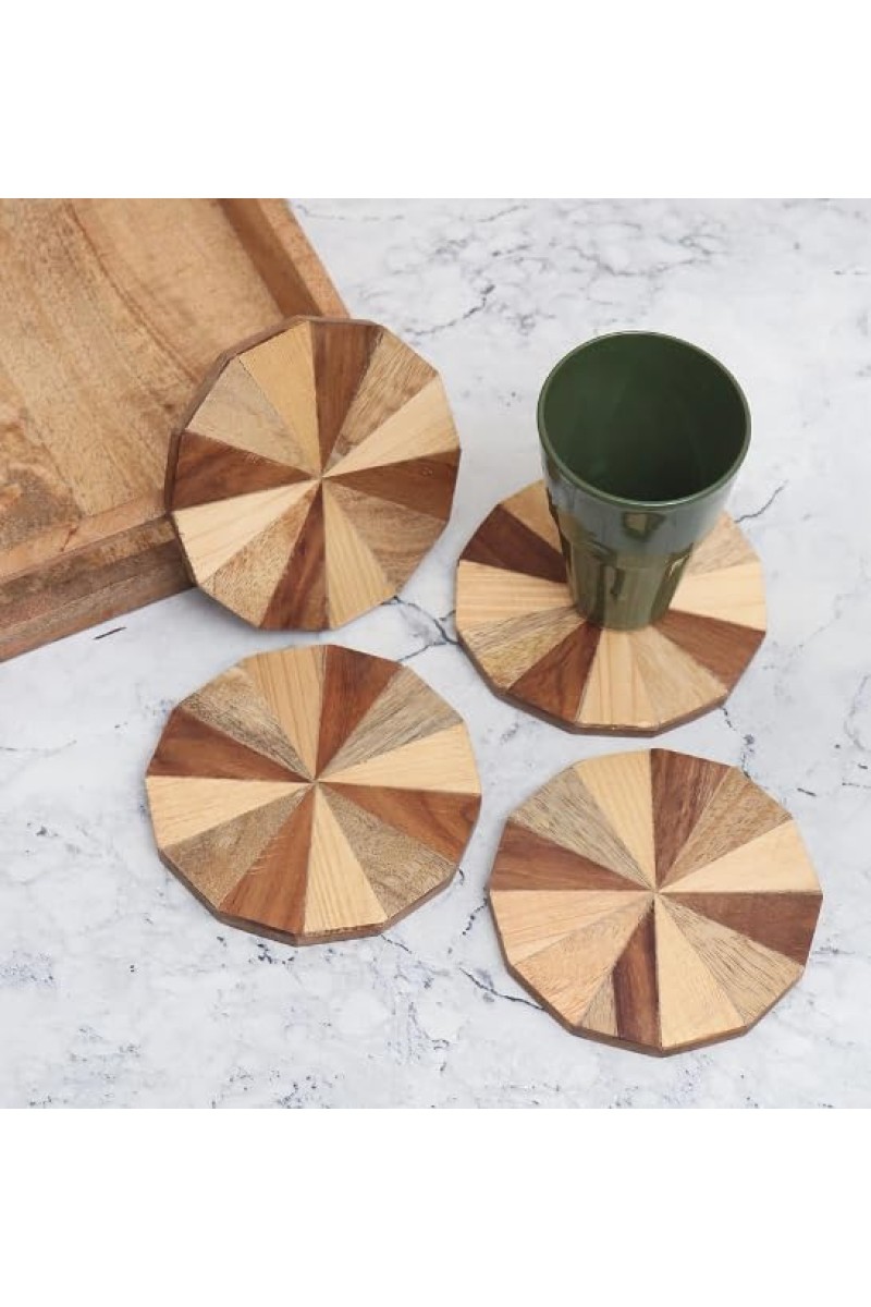 Modern Circle-Shaped Brown Wooden Coasters – Set of 4 | Round Drink Mats for Tea, Coffee & Beverages | Handcrafted Wooden Coaster Set for Home & Office Use