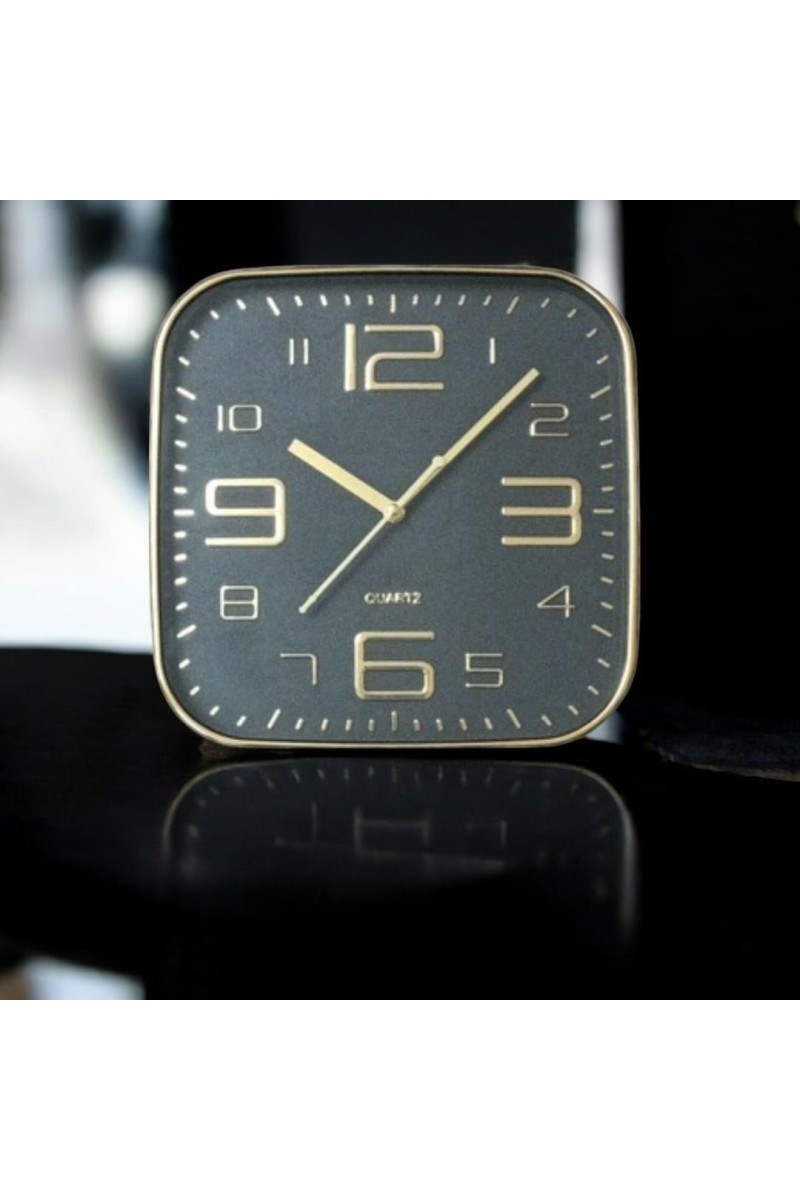 Square Golden Color Analog Wall Clock with Gold Numbers | Silent Sweep Quartz Movement | Decorative Wall Clock for Home, Office, and Living Room | Length-Breadth-Height 24.2cm x 24.2cm x 3.5cm