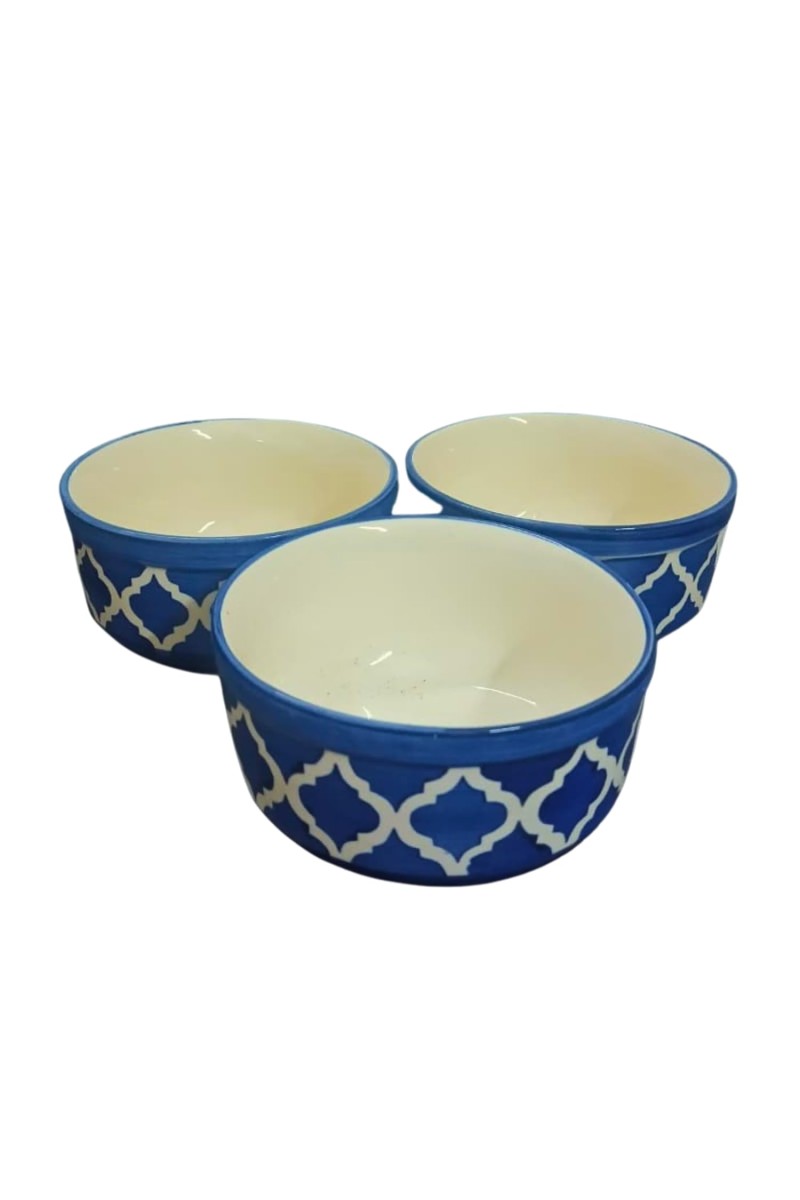 Ceramic Serving Bowls Set of 3 – Blue & White Printed Snack Bowls for Kitchen, Dessert, Soup, Cereal & Dry Fruits
