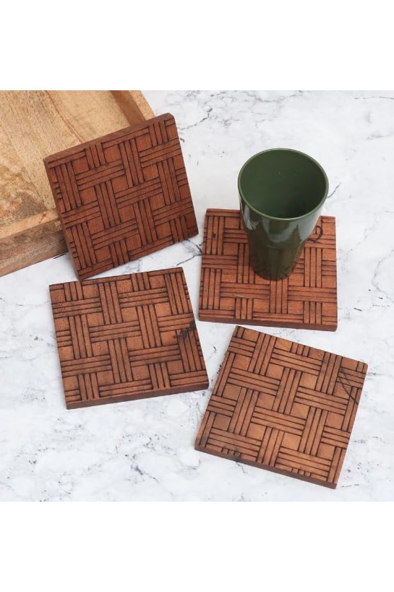 Antique Finish Modern Wooden Coasters – Set of 4 | Handcrafted Tea & Coffee Drink Mats | Rustic Table Coaster Set for Home, Office & Gift Use