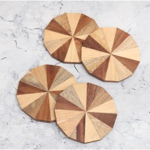 Modern Circle-Shaped Brown Wooden Coasters – Set of 4 | Round Drink Mats for Tea, Coffee & Beverages | Handcrafted Wooden Coaster Set for Home & Office Use