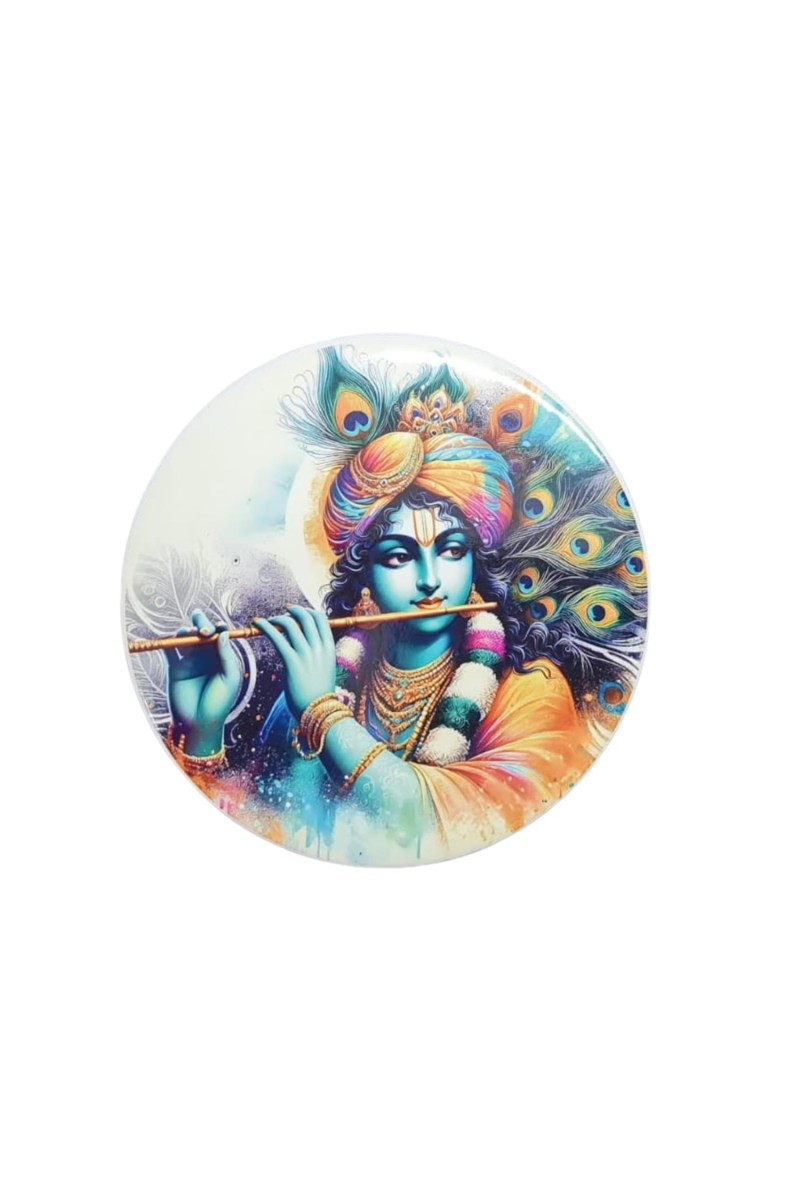 Stainless Steel Round Krishna Fridge Magnet | Decorative Spiritual Magnet for Home & Office | Pack of 1