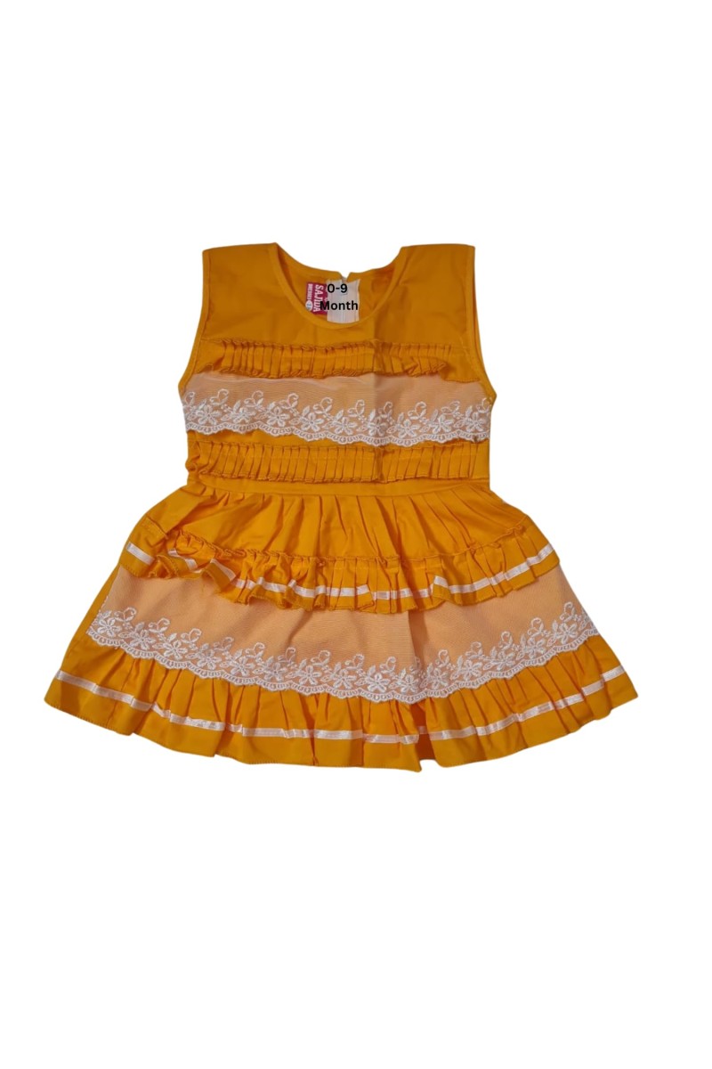 Cotton Baby Girl Frock for 0-9 Months – Soft & Stylish Sleeveless Dress with Lace Design for Newborns & Infants (1, Yellow)