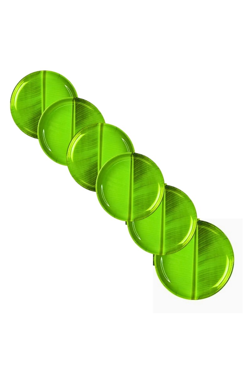 Round Plate | Banana Green Leaf Design Serving Plate for Puja, Prasad & Traditional Dining Festive & Daily Use (Set of 6).