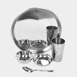 Steel Dinner Set 30 Pcs Bowl: 3.5 X 9 cm, Dish Bowl: 2 X 10 cm, Glass: 11 X 7 cm, Plate: 26 cm Dia., Spoon: 16 X 3.5 cm, 6 Bowls, 6 Dish Bowls, 6 Glasss, 6 Plates, 6 Spoons