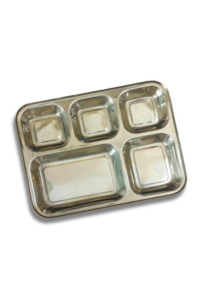 HiTechMart Stainless Steel 5-Compartment Food Tray | Mess Tray for Kids & Adults | Durable & Rust-Resistant Thali for Meal Serving | Ideal for Home, Canteens & Restaurants