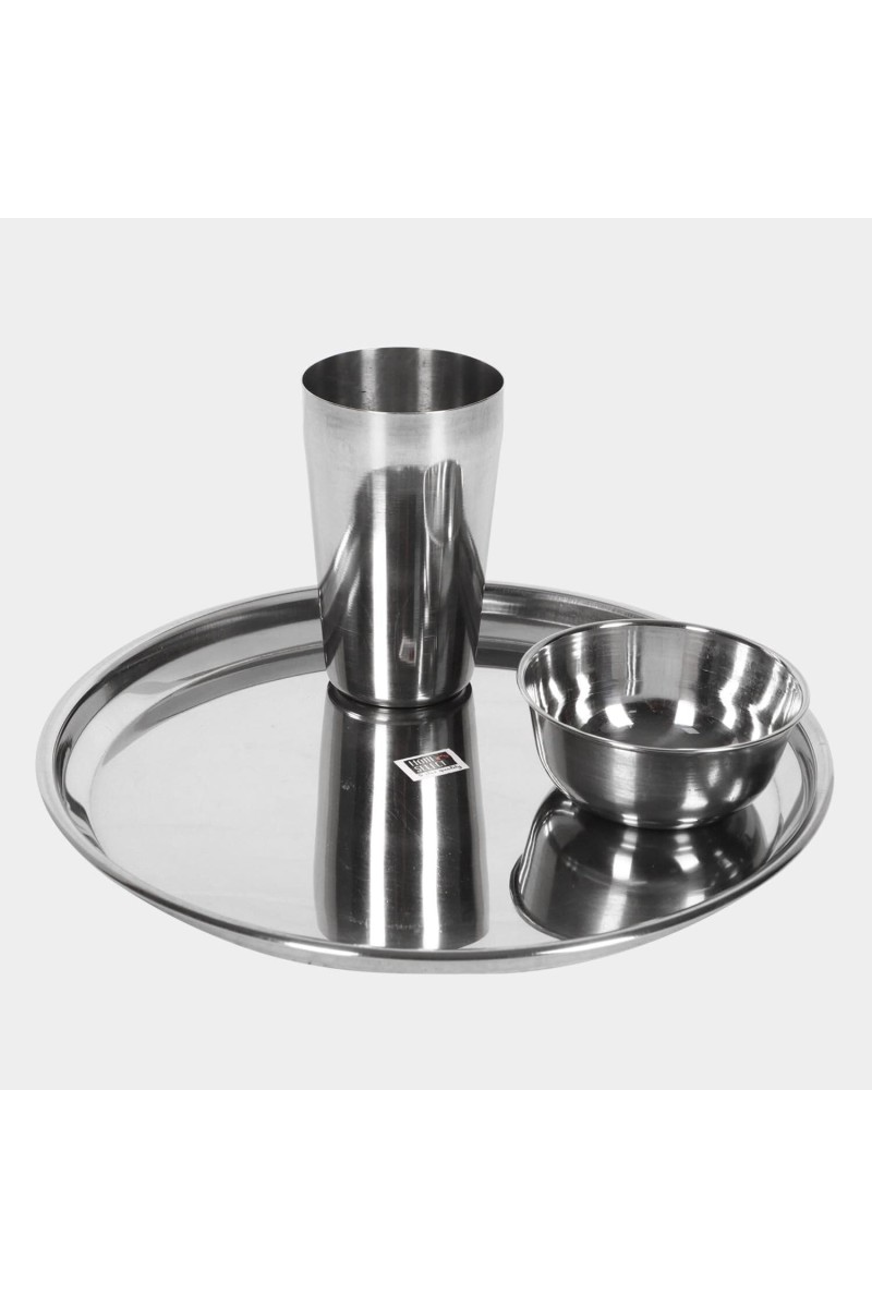 Steel Meal Set Bowl: 9 X 4 cm, Plate: 25 cm Dia., Tumbler: 7 X 11 cm, 1Bowl, 1Plate, 1Tumbler