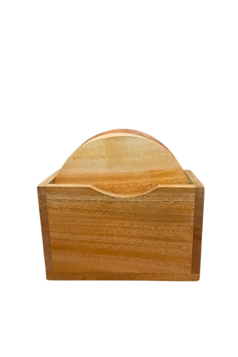 Wooden Tea Coaster Set with Holder | Premium Solid Wood Round Coasters for Hot & Cold Drinks, Tea, Coffee & Table Protection | Set of 5 (Round)