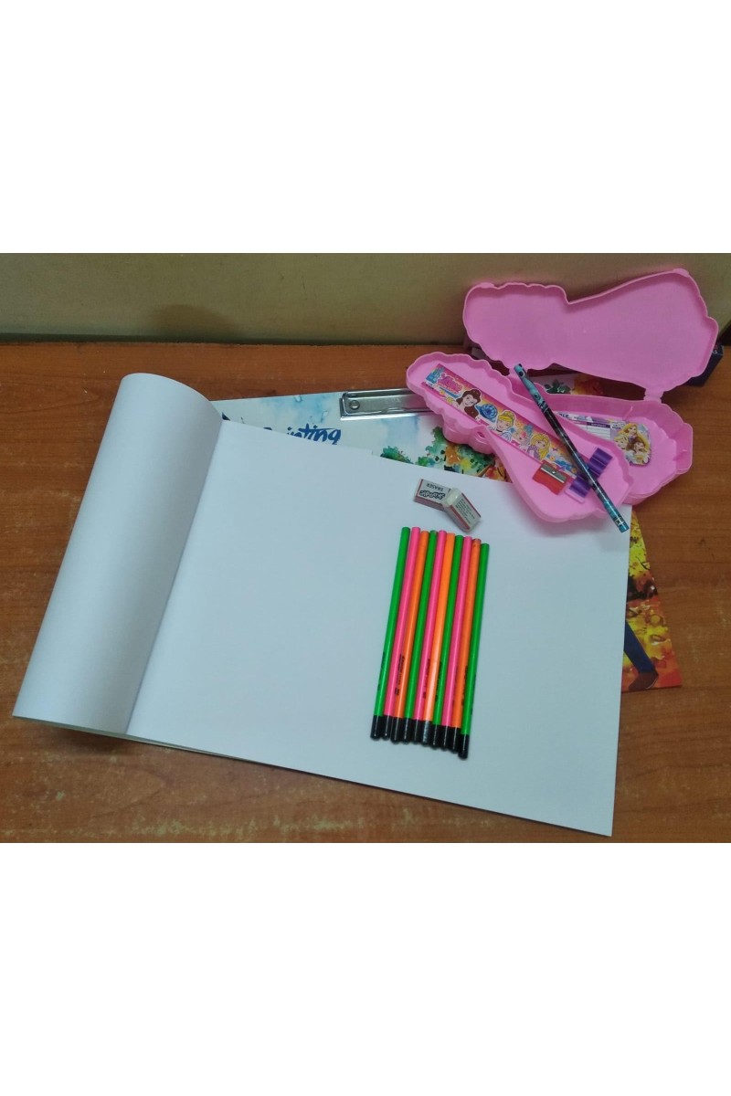 HiTech Sales Wooden Drawing Board with Large Drawing Notebook, 10 Drawing + 1 Writing Pencil 2 Eraser 1 Sharpner one 15 cm Scale one 2 lid Pencil Box Combo at Low Cost for Kids/Students, Girls & Boys