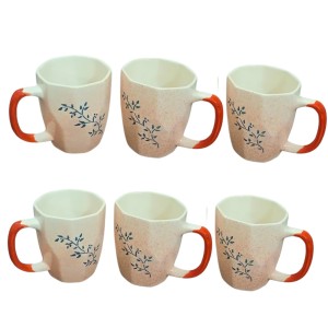 Ceramic Tea & Coffee Mugs Set of 6 – Elegant Leaf Print Cups with Comfortable Handle for Home, Office & Gifting
