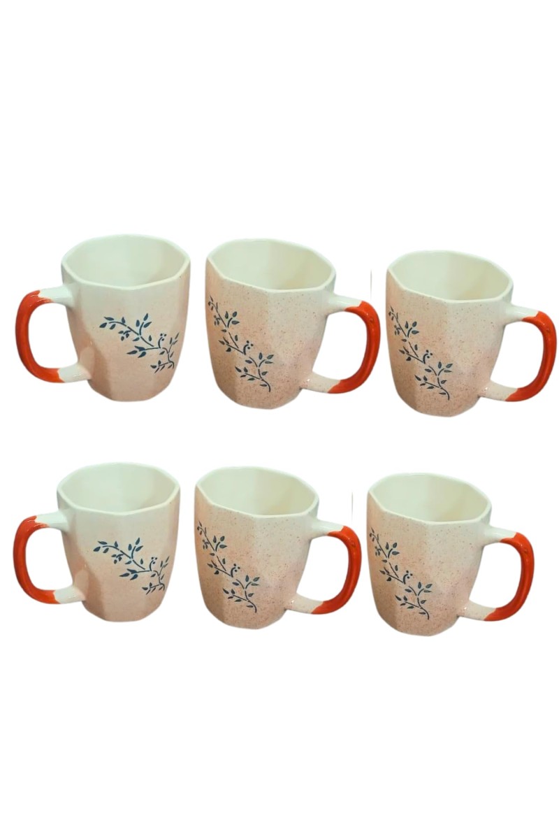 Ceramic Tea & Coffee Mugs Set of 6 – Elegant Leaf Print Cups with Comfortable Handle for Home, Office & Gifting