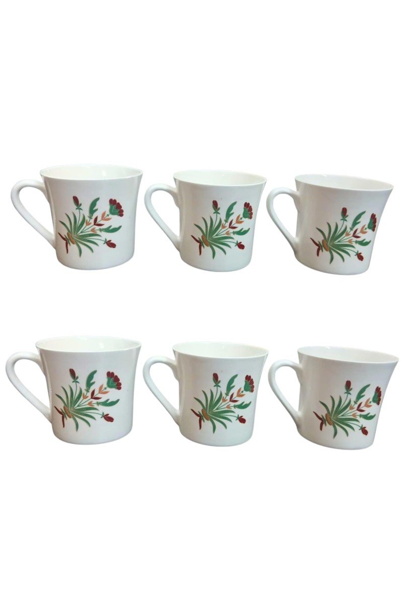 Ceramic Tea & Coffee Cups Set of 6 with Floral Design | White Printed Coffee Mugs for Home, Office & Gifting | Microwave & Dishwasher Safe
