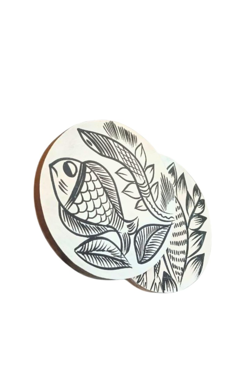 Handcrafted Wooden Coasters Set of 2 | Round Fish & Owl Design Tea and Coffee Table Coasters. (Round)