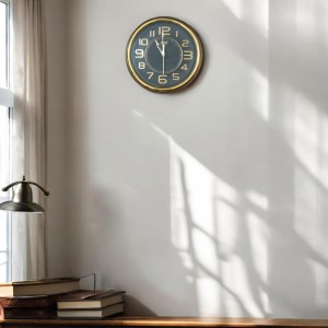 Golden Round Analog Wall Clock with Golden Numbers | Silent Sweep Quartz Movement | Decorative Wall Clock for Home, Office, and Living Room | Length-Breadth-Height 26.8cm x 26.8cm x 3.2cm