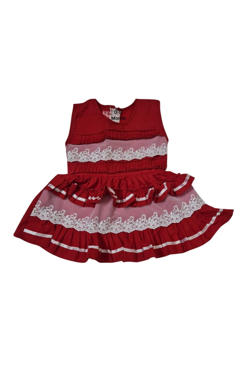 Cotton Baby Girl Frock for 0-9 Months – Soft & Stylish Sleeveless Dress with Lace Design for Newborns & Infants (1, Red)