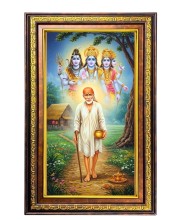 Sai Baba and Bramha and Shiva and Vishnu Digital Golden Balck Color Photo Frame | Hindu Religious Wall Decor | 14x20 Inches - Inspirational Wall Art for Office, Home Decor - Ideal Spiritual Gift (F1