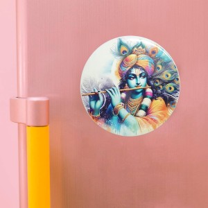 Stainless Steel Round Krishna Fridge Magnet | Decorative Spiritual Magnet for Home & Office | Pack of 1