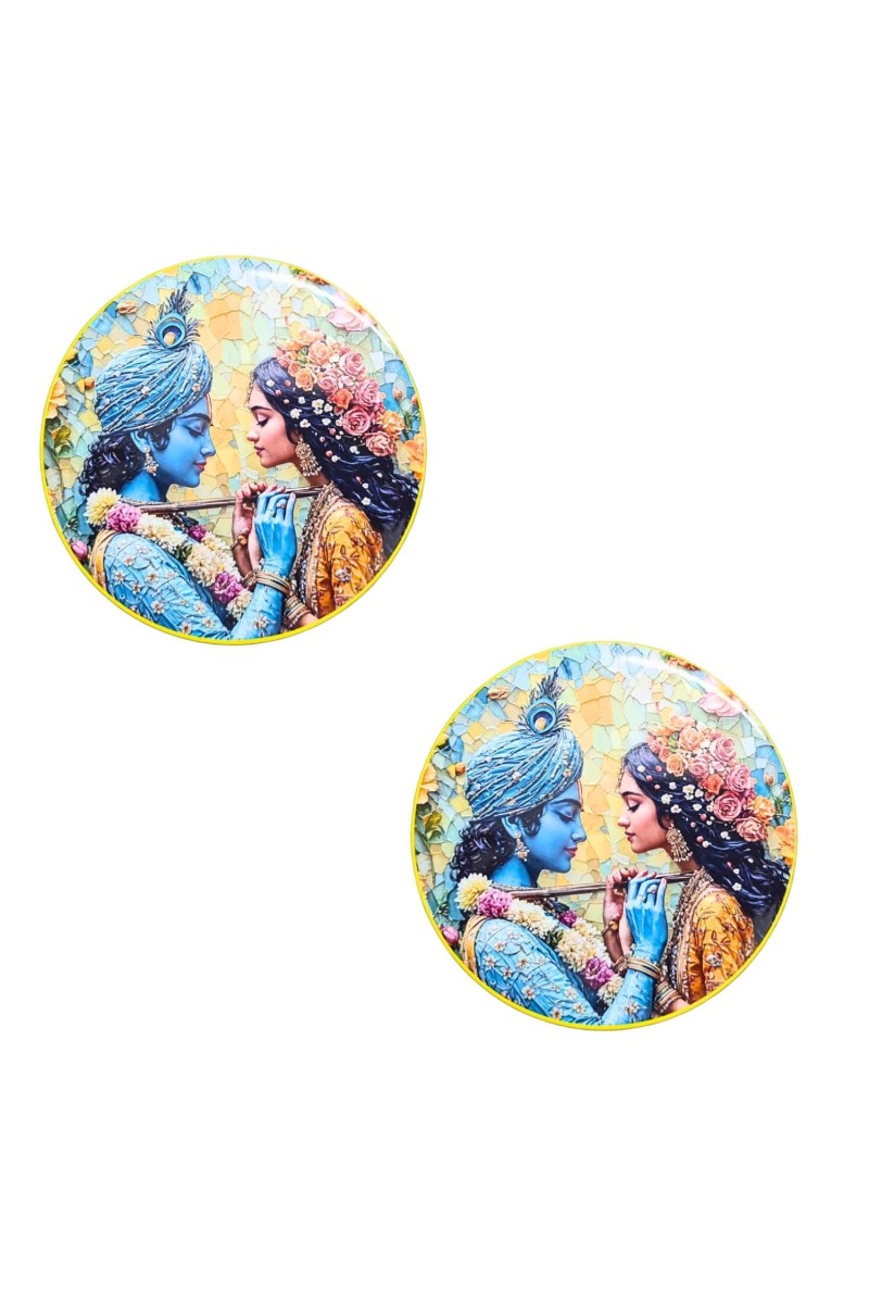 Stainless Steel Round Radha Krishna Fridge Magnet | Devotional & Decorative Refrigerator Magnet for Home & Office | Premium Finish | Pack of 2