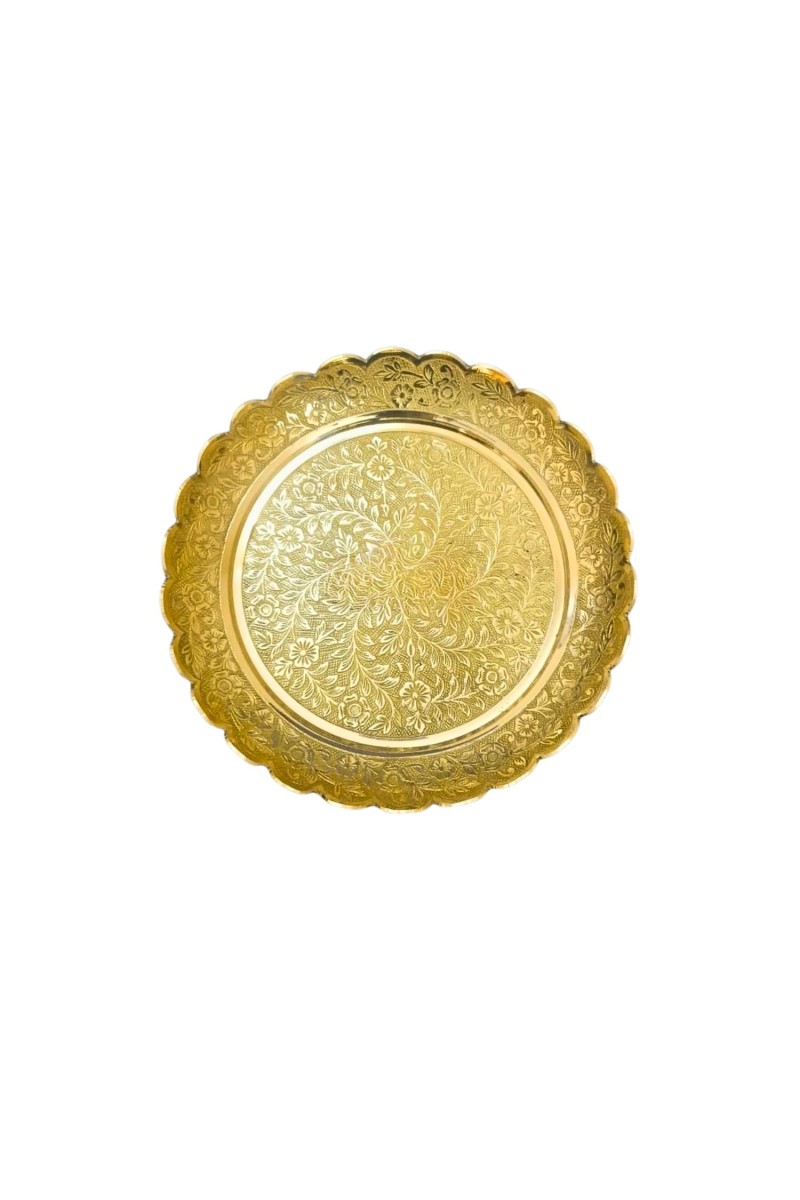 Pure Brass Decorative Pooja Thali Plate | Handcrafted Floral Engraved Brass Plate for Pooja, Aarti & Home Temple | Traditional Golden Brass Thali for Festive Use & Gifting