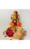 Pure Brass Decorative Pooja Thali Plate | Handcrafted Floral Engraved Brass Plate for Pooja, Aarti & Home Temple | Traditional Golden Brass Thali for Festive Use & Gifting (Small) (Small)