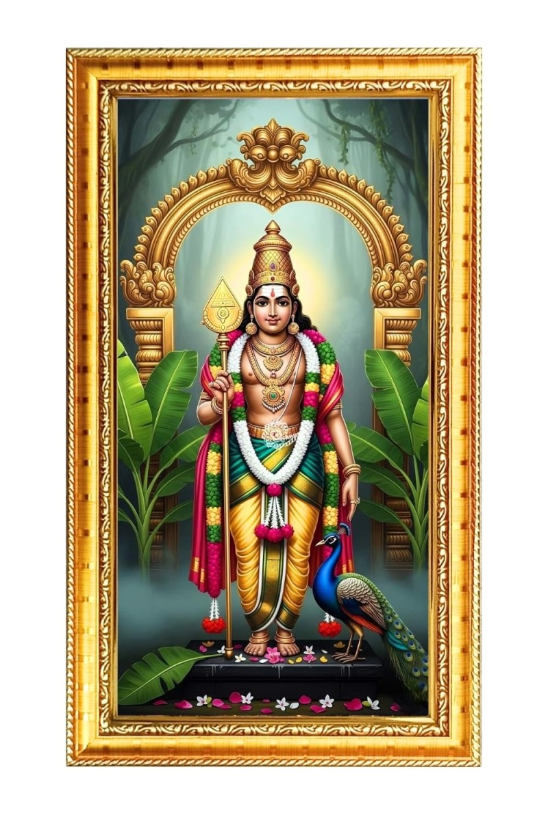 Lord Murugaan Digital Golden Color Photo Frame | Hindu Religious Wall Decor | 10x17 Inches - Inspirational Wall Art for Office, Home Decor - Ideal Spiritual Gift (F10343)