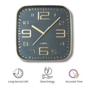 Square Golden Color Analog Wall Clock with Gold Numbers | Silent Sweep Quartz Movement | Decorative Wall Clock for Home, Office, and Living Room | Length-Breadth-Height 24.2cm x 24.2cm x 3.5cm